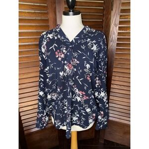 Hilary Radley Womens L/G Navy Floral Print V-Neck Long Sleeve Blouse